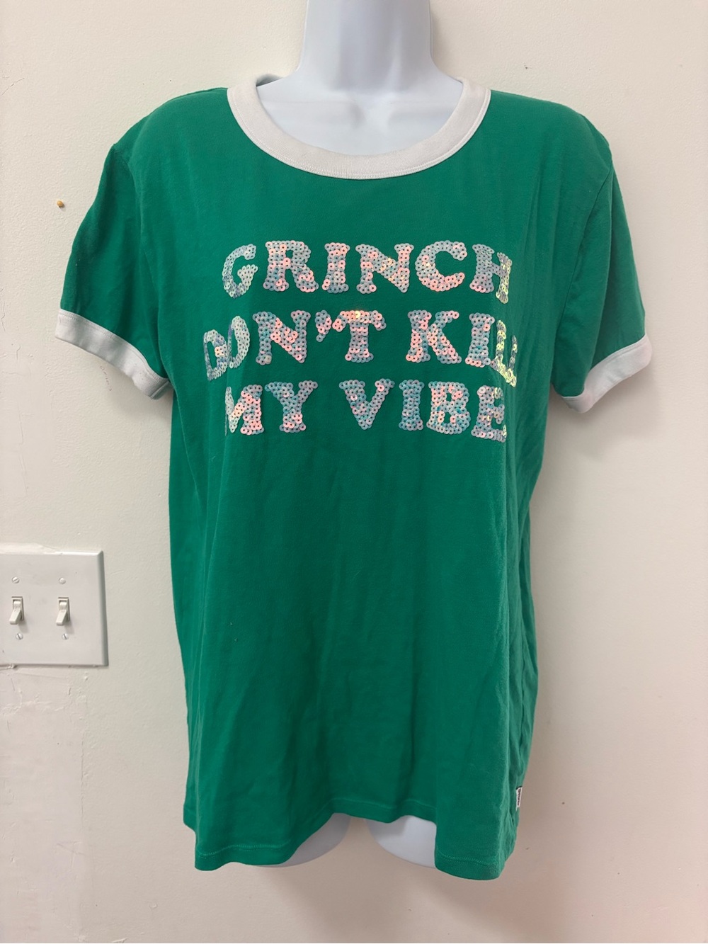 PINK Victoria's Secret Green 'Grinch Don't Kill My Vibe' Short Sleeve Tee
